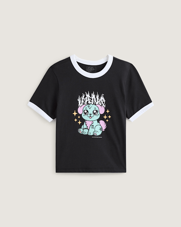 Vans - Camiseta Puppy Ringer, Mujer, Negro, Talla: XXS