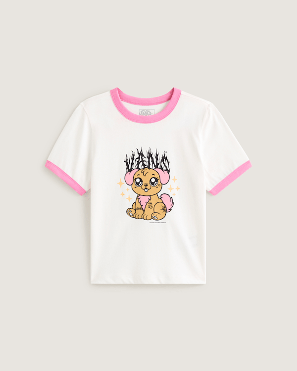Vans - Camiseta Puppy Ringer, Mujer, Blanco, Talla: XXS