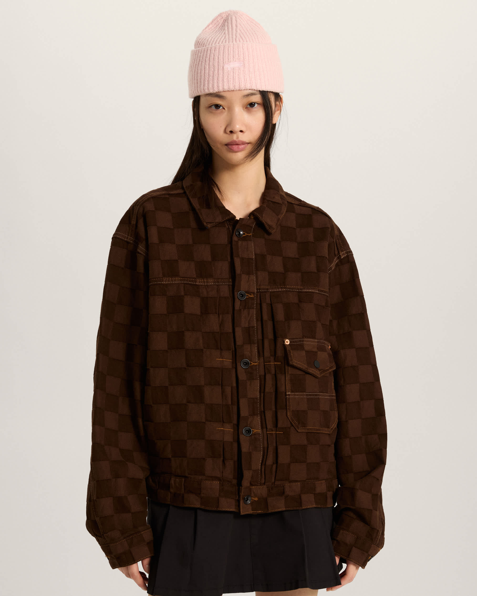 Check5 Checkerboard Denim Trucker Jacke DEMITASSE VANS Braun ALT7