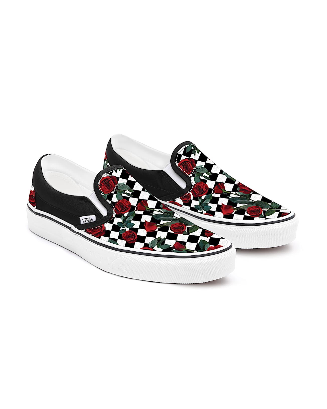 Personalisierbare Checkerboard Roses SlipOn mit weiter Passform VANS SchwarzWei HERO