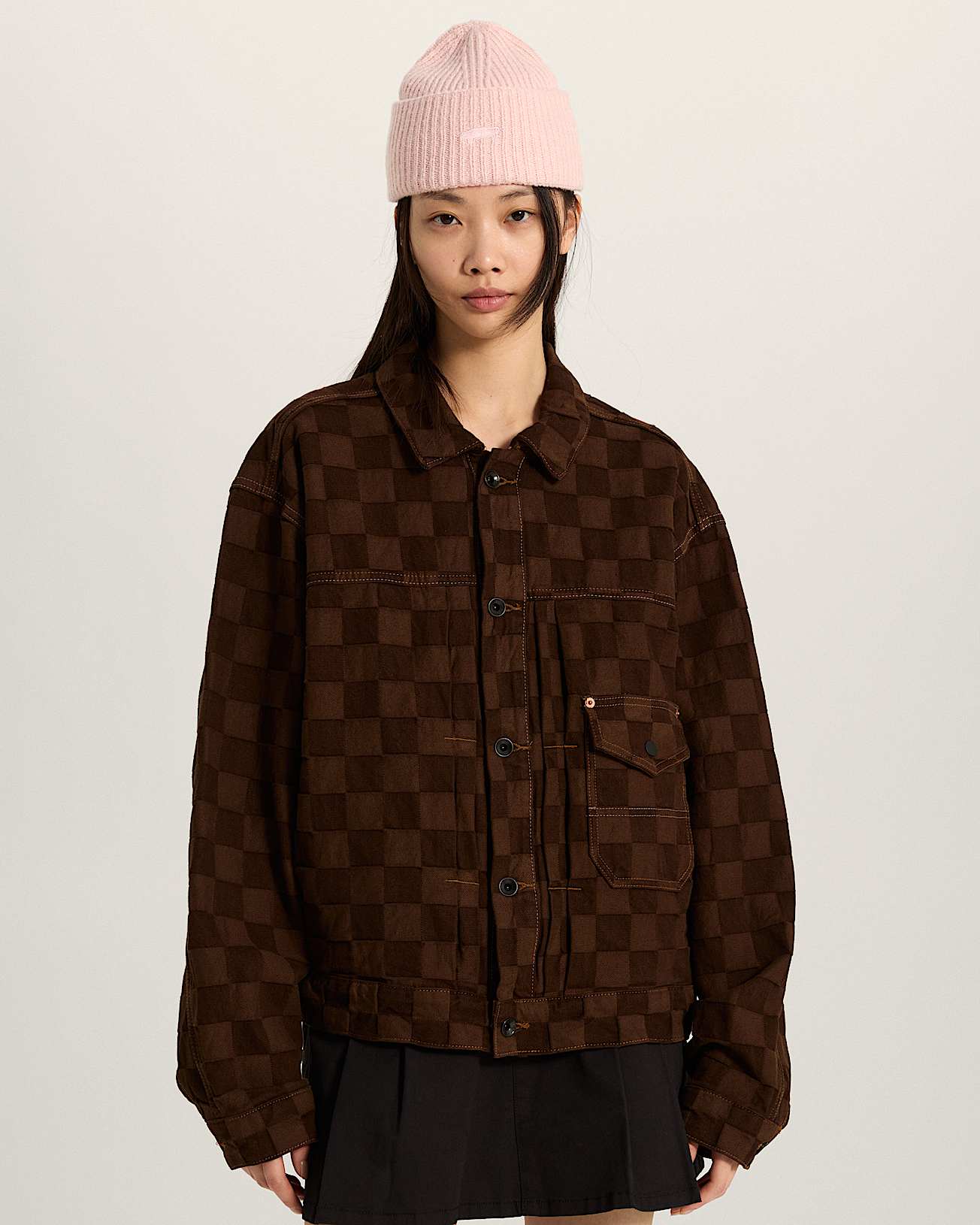 Check5 Checkerboard Denim Trucker Jacke DEMITASSE VANS Braun ALT7